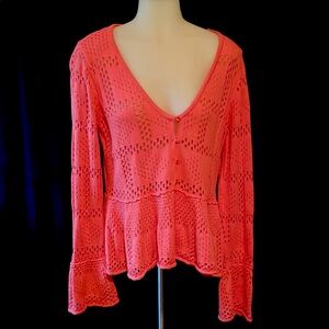 All Cotton Crocheted Sweater with Bell-bottom Sleeves